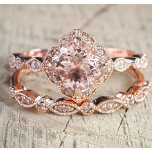 Rose Gold Pink Zircon Inlaid Rhinestone 2pc Ring Set